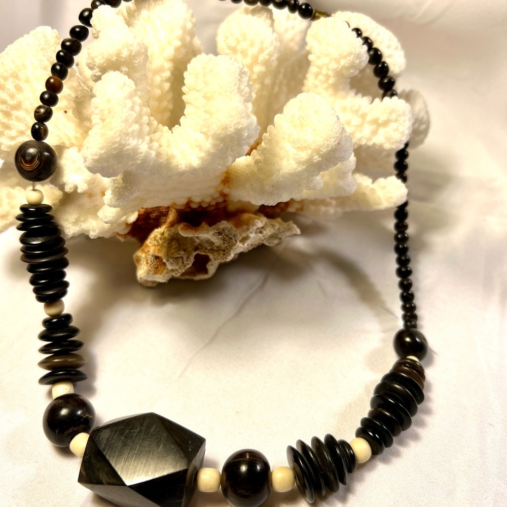 Vintage  Black and Cream artisan Beaded Necklace.